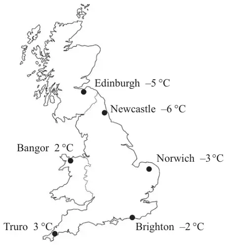 Map of Great Britain: Edinburgh −5 °C, Newcastle −6 °C, Bangor 2 °C, Norwich −3 °C, Truro 3 °C, Brighton −2 °C