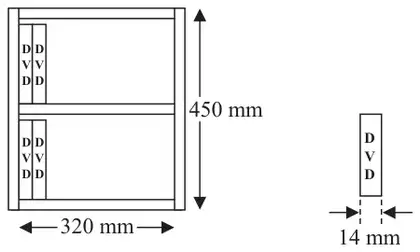 Shelf unit 320 mm wide and 450 mm high with two shelves holding DVDs; one DVD 14 mm wide