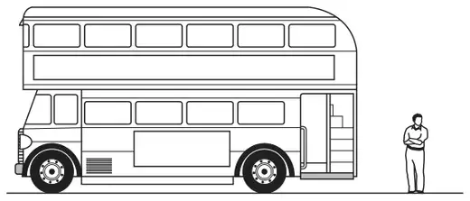 Picture of a double-decker bus with a bus driver standing next to it, drawn to the same scale