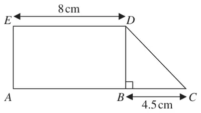 Rectangle ABDE with ED = 8 cm joined to right-angled triangle BDC with BC = 4.5 cm; ABC is a straight line