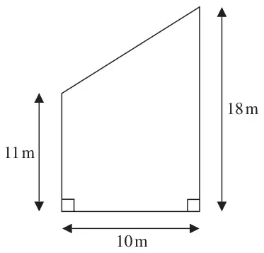 Right trapezium with parallel vertical sides 11 m and 18 m and base 10 m; both base angles are right angles