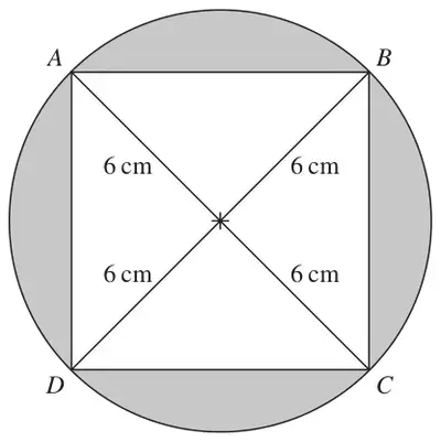 Square ABCD inside a circle with diagonals of 6 cm from the centre to each vertex; regions between the square and circle shaded