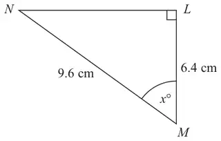 Right-angled triangle LMN with the right angle at L; MN = 9.6 cm, LM = 6.4 cm and angle x at M