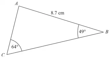 Triangle ABC with AB = 8.7 cm, angle ABC = 49 degrees and angle ACB = 64 degrees