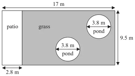 Rectangular garden 17 m by 9.5 m with a rectangular patio 2.8 m wide along one end and two circular ponds of diameter 3.8 m; the rest is grass