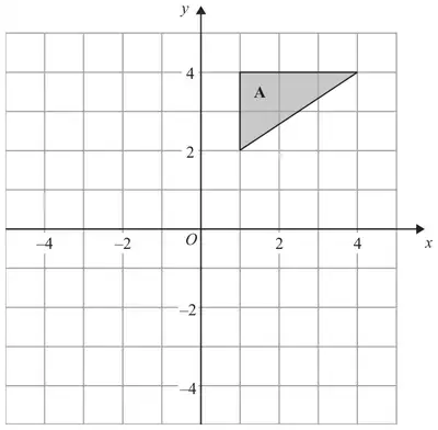 Grid with x and y from -4 to 4 showing triangle A with vertices (1, 2), (1, 4) and (4, 4)