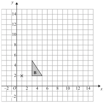 Grid with x and y from -2 to 14 showing triangle B with vertices (3, 2), (3, 5) and (5, 2) and the point (1, 2) marked with a cross