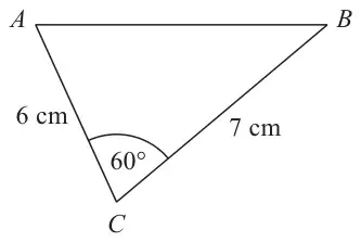 Triangle ABC with AC = 6 cm, BC = 7 cm and angle ACB = 60 degrees