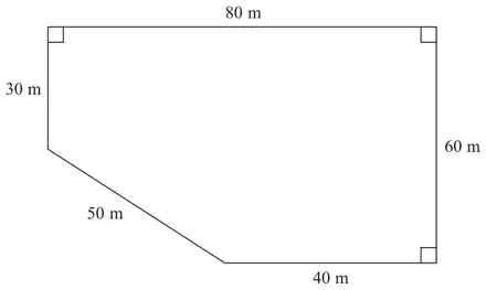 Pentagon-shaped playground: top 80 m, right side 60 m, bottom 40 m, left side 30 m and a sloping side of 50 m, with right angles at three corners