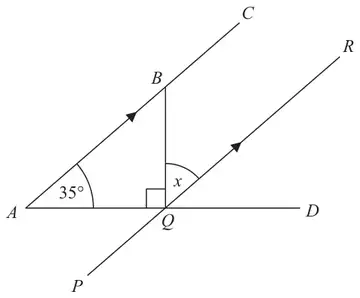 Parallel lines ABC and PQR crossed by the straight line AQD; angle BAQ = 35 degrees, angle BQA = 90 degrees and angle x at Q