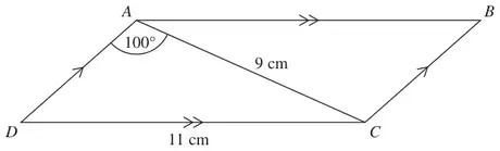 Parallelogram ABCD with diagonal AC = 9 cm, DC = 11 cm and angle DAC = 100 degrees