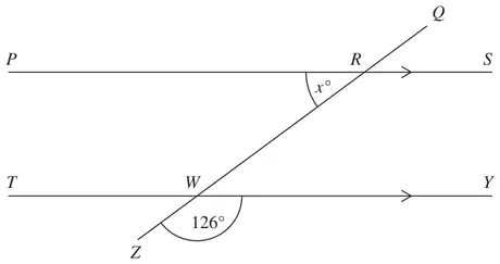 Parallel lines PRS and TWY crossed by the straight line QRWZ; angle x at R and an angle of 126 degrees at W