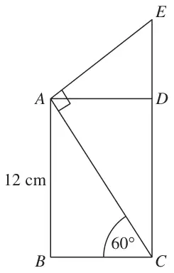 Rectangle ABCD with diagonal AC, AB = 12 cm, angle ACB = 60 degrees; CD extended to E with angle EAC = 90 degrees