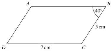 Parallelogram ABCD with DC = 7 cm, CB = 5 cm and angle ABC = 40 degrees