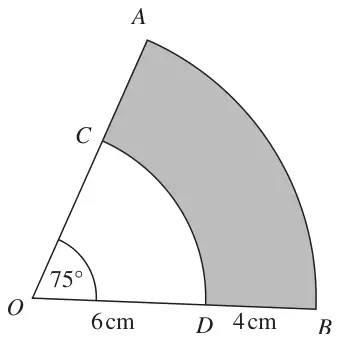 Sector OAB with sector OCD inside it, angle AOB = 75 degrees, OD = 6 cm, DB = 4 cm; the region between the two arcs is shaded
