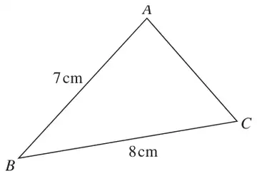Acute-angled triangle ABC with BA = 7 cm and BC = 8 cm