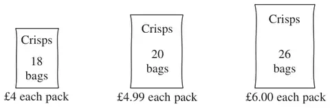 Three packs of crisps: 18 bags at £4 each pack, 20 bags at £4.99 each pack and 26 bags at £6.00 each pack