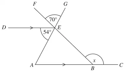 Parallel lines DE and ABC; AEG and BEF are straight lines crossing at E; angle AED = 54 degrees, angle FEG = 70 degrees and angle x at B
