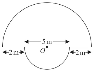Plan of a lawn made of a large semicircle and a smaller semicircle cut out, both with centre O; the small diameter is 5 m and there is 2 m of straight edge on each side