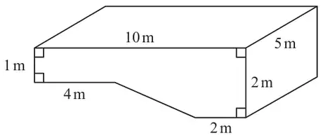 Swimming pool prism 5 m wide; the cross section is 10 m long, 1 m deep for 4 m at the shallow end and 2 m deep for the last 2 m at the deep end