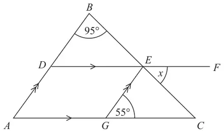 Triangle ABC with D on AB, E on BC and G on AC; DEF is parallel to AGC and GE is parallel to ADB; angle DBE = 95 degrees, angle CGE = 55 degrees and angle x at E between EF and EC