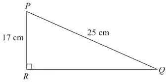 Right-angled triangle PQR with the right angle at R, PR = 17 cm and PQ = 25 cm