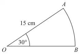 Sector OAB with radius 15 cm and angle 30 degrees at O
