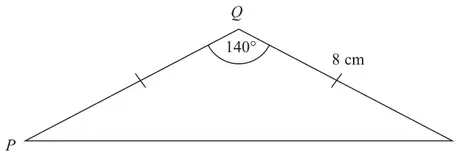 Isosceles triangle PQR with PQ = QR = 8 cm and angle PQR = 140 degrees