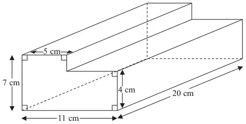 L-shaped prism of length 20 cm; cross-section 11 cm wide and 7 cm high with a 5 cm wide step and a 4 cm height