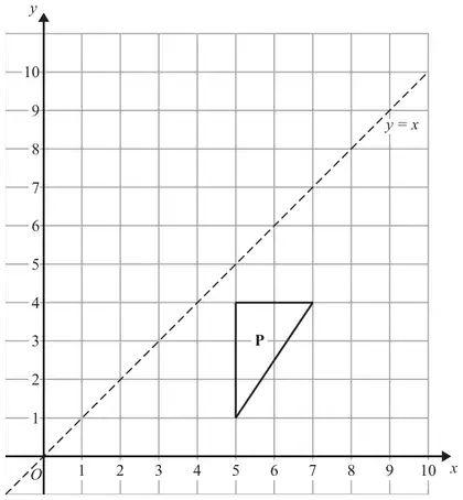 Grid with x and y from 0 to 10 showing the line y = x and triangle P with vertices (5, 1), (5, 4), (7, 4)