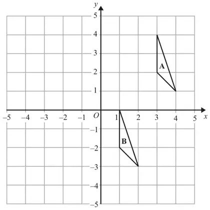 Grid with x and y from -5 to 5 showing triangle A with vertices (3, 4), (3, 2), (4, 1) and triangle B with vertices (1, 0), (1, -2), (2, -3)