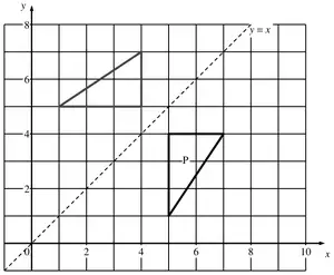 Grid showing P and its reflection in y = x with vertices (1, 5), (4, 5), (4, 7)