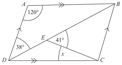 Parallelogram ABCD with diagonal DB; E on DB is joined to C; angle DAB = 120, angle ADB = 38, angle BEC = 41 degrees and angle x is angle ECD