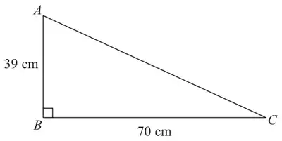 Right-angled triangle ABC with the right angle at B, AB = 39 cm and BC = 70 cm