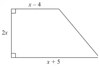Right-angled trapezium with parallel sides x - 4 and x + 5 and perpendicular height 2x