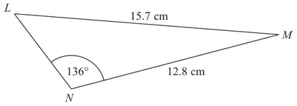 Triangle LMN with LM = 15.7 cm, NM = 12.8 cm and angle LNM = 136 degrees