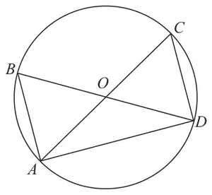 Circle centre O with diameters AOC and BOD; chords AB, AD, DC and the line AC drawn
