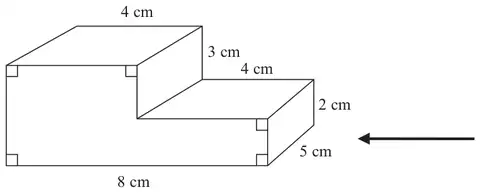 Solid prism 8 cm long and 5 cm deep, with a lower step 2 cm high and 4 cm long and a higher step 3 cm higher and 4 cm long; an arrow shows the direction for the side elevation