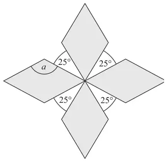 Four identical rhombuses meeting at a point, with four 25 degree angles between them and the angle a marked in one rhombus