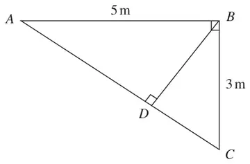 Right-angled triangle ABC with AB = 5 m, BC = 3 m, right angle at B, and BD perpendicular to AC
