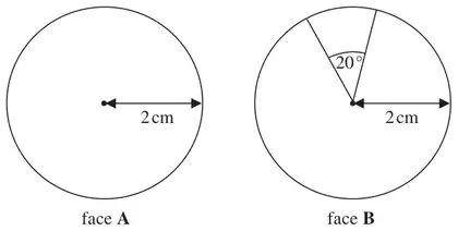 Two circular watch faces of radius 2 cm; face B has a 20 degree sector marked