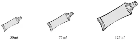 Three tubes of toothpaste labelled 50 ml, 75 ml and 125 ml