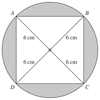 Square ABCD inside a circle with its diagonals drawn, each half-diagonal 6 cm; the regions between the square and the circle are shaded