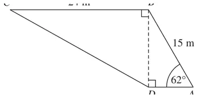 Quadrilateral ABCD; BC = 24 m is horizontal, AB = 15 m, angle BAD = 62 degrees and BD is perpendicular to both BC and DA