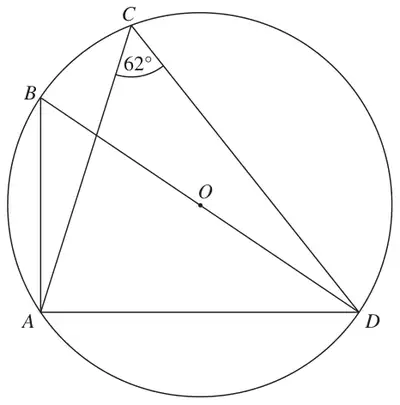 Circle centre O with points A, B, C and D on the circumference; BOD is a diameter and angle ACD = 62 degrees