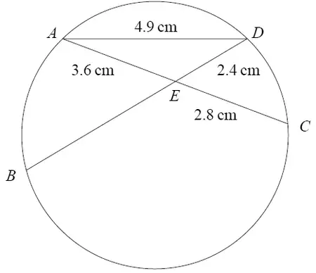 Circle with chords AC and BD meeting at E; AD = 4.9 cm, AE = 3.6 cm, DE = 2.4 cm, CE = 2.8 cm