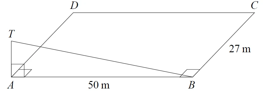 Horizontal rectangle ABCD with AB = 50 m and BC = 27 m; vertical mast AT at corner A; line TB drawn