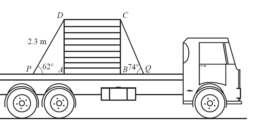 Side view of a lorry carrying a rectangular box ABCD; a rope from P on the flat surface goes up to D, over the box, and down from C to Q; DP = 2.3 m, angle APD = 62 degrees, angle BQC = 74 degrees