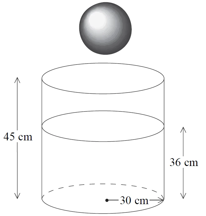 Cylindrical tank of radius 30 cm and height 45 cm containing water to a depth of 36 cm, with a sphere above it
