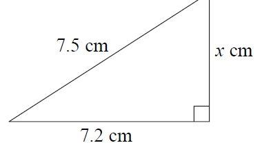 Right-angled triangle with hypotenuse 7.5 cm, base 7.2 cm and vertical side x cm